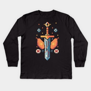 HARDCORE GAMER Retro pixel 8bit sword set in fire Kids Long Sleeve T-Shirt